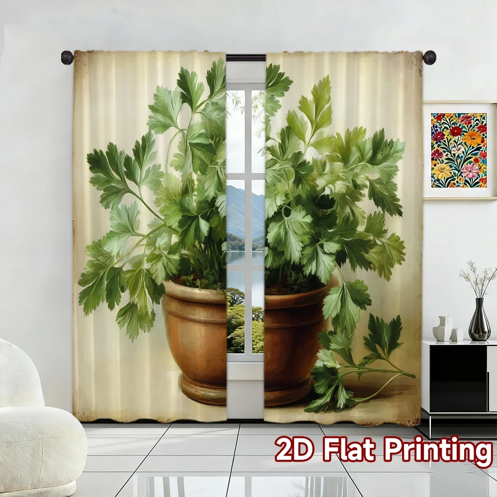 Potted Plant Curtain, Green Leaf Window Drape, Botanical Garden Blackout Panel, Living Room Bedroom Nature Home Decor