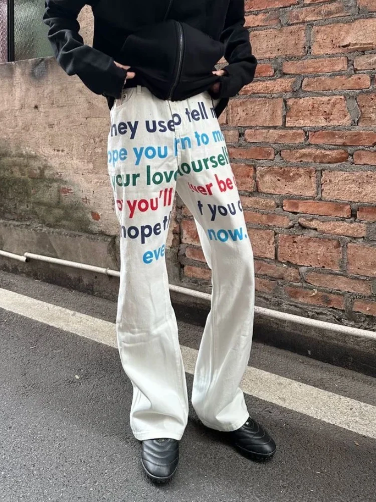 2026 American Retro Y2K Style Letter Printed White Baggy Jeans Pants For Men Clothing Straight Streetwear Cotton Long Trousers