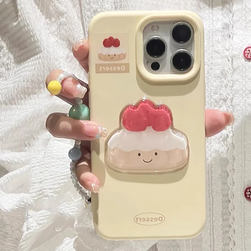 

Cute Strawberry Cake Pattern Yellow Phone Case For iPhone 16 Pro Max 15 13 14 12 Soft Silicone Back Cover