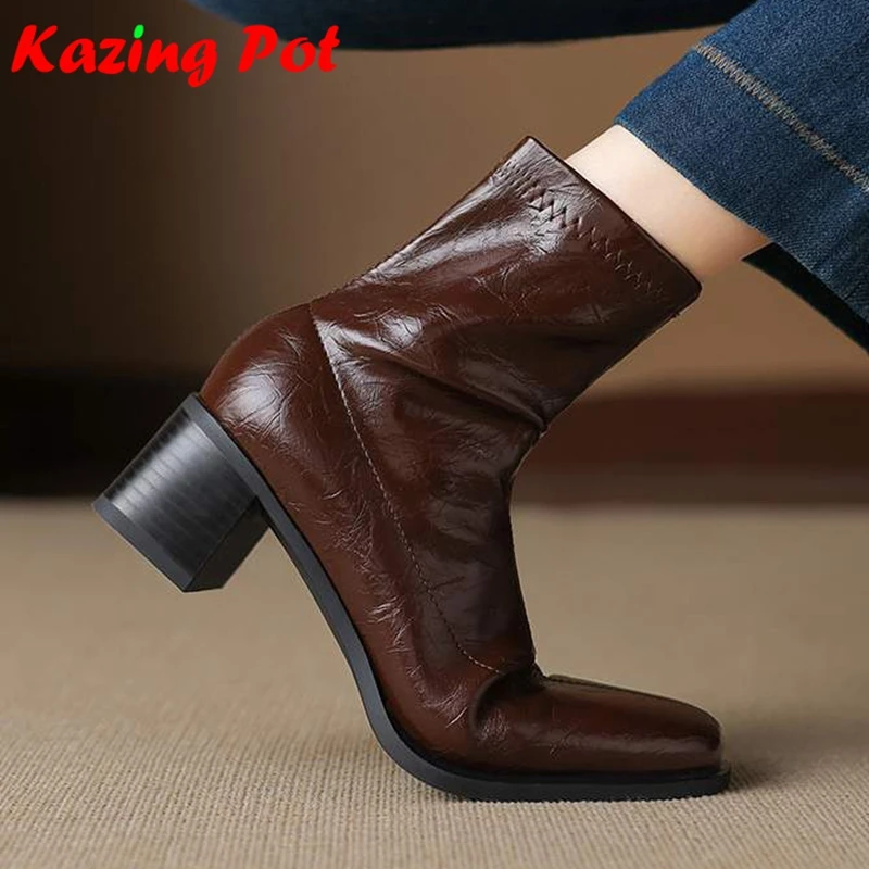 Krazing Pot Size 43 Vintage Microfiber Square Toe Med Heel Chelsea Boots Vintage Keep Warm Winter Shoes Basic Design Ankle Boots
