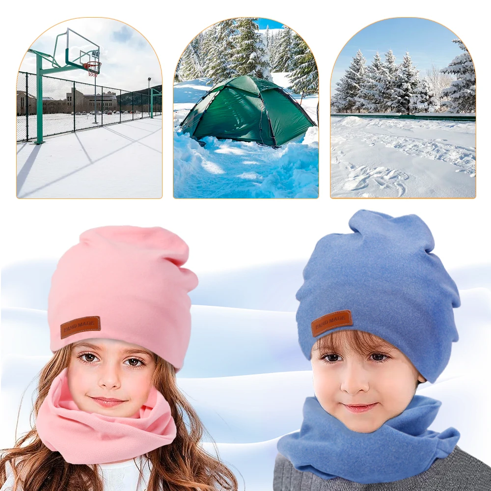 2pcs/set Kids Scarf Hat Set Soft And Comfortable Warm Fashion Pure Color Flannelette Hat Scarf Set For Children  Winter Gift