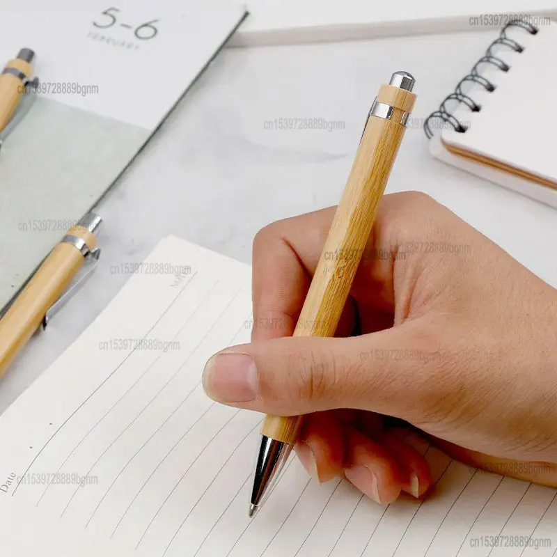 Juego de bolígrafos retráctiles de madera de bambú, punta de 100mm, tinta azul y negra, bolígrafo de firma para negocios, papelería de escritura de oficina, 1,0 piezas