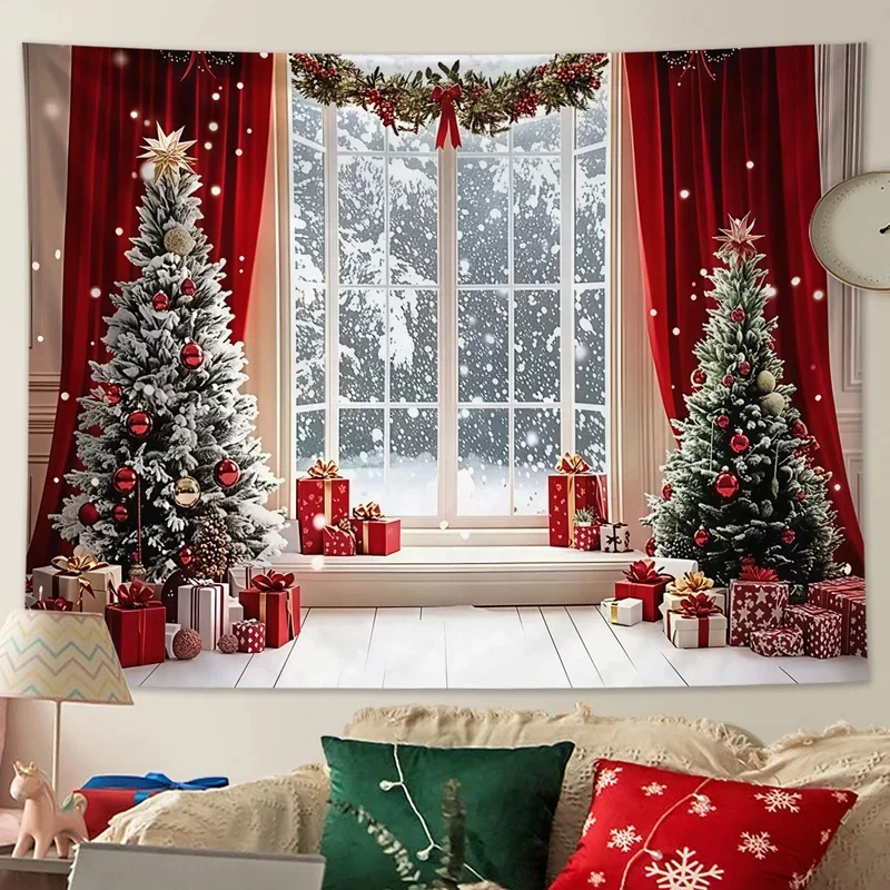 VIKAMA Christmas Window Scene Tapestry Snowy Xmas Tree Gift Box Wall Hanging Home Holiday Wall Decor