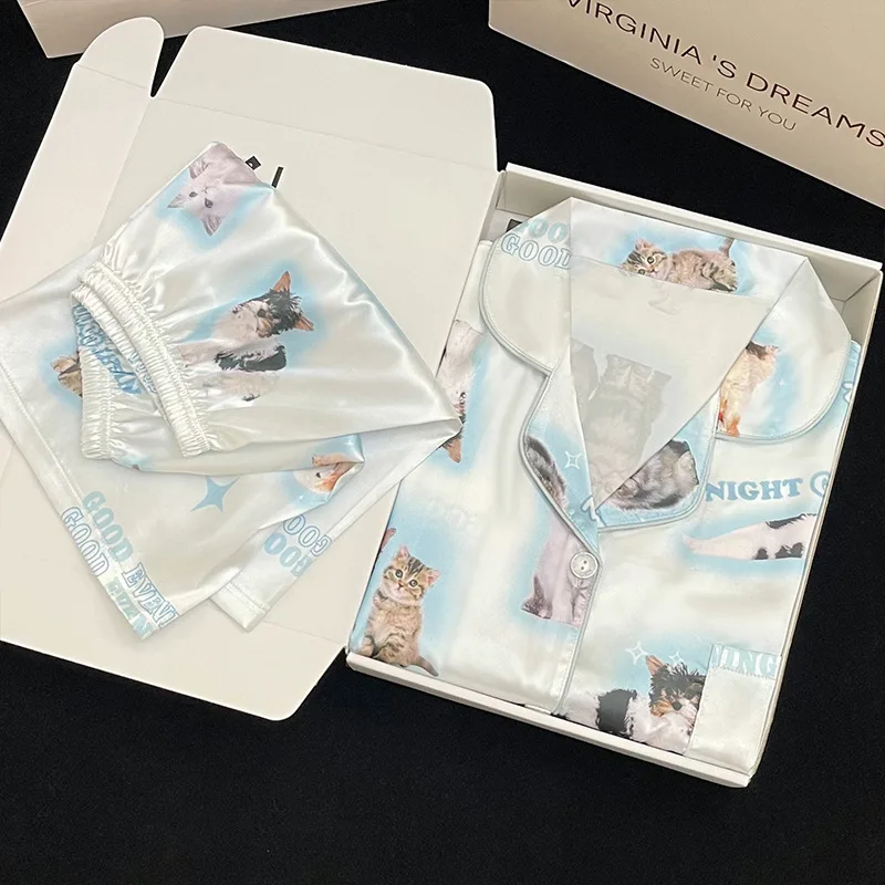 

Romantic Women Nightwear Cute Cat Print Short Sleeve Shorts Thin Pajamas Women Cardigan Breathable Student Homewear 2 Piece Set