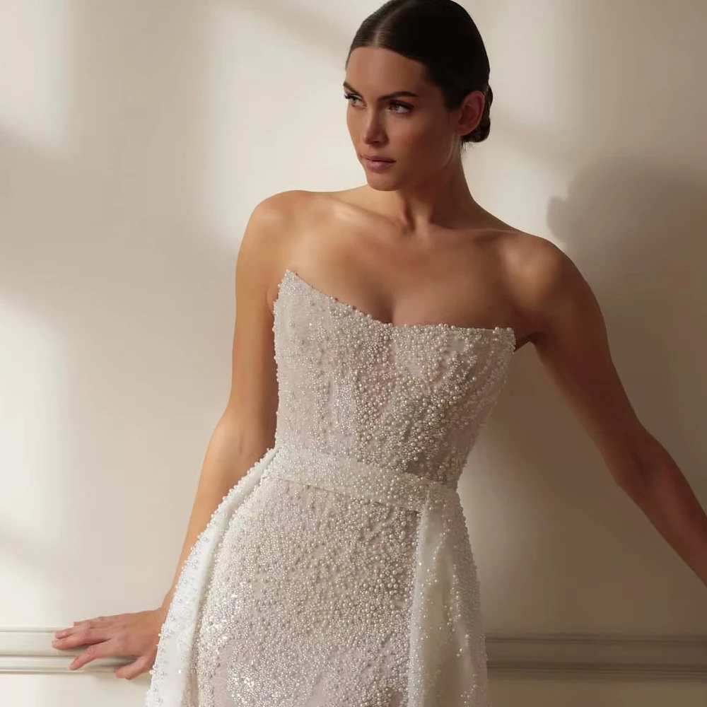 

Customized Beautiful Sexy Wedding Dress Beaded Strapless Sleeveless Detachable Trawl Mermaid Wedding Dress Vestido Bridal Gown