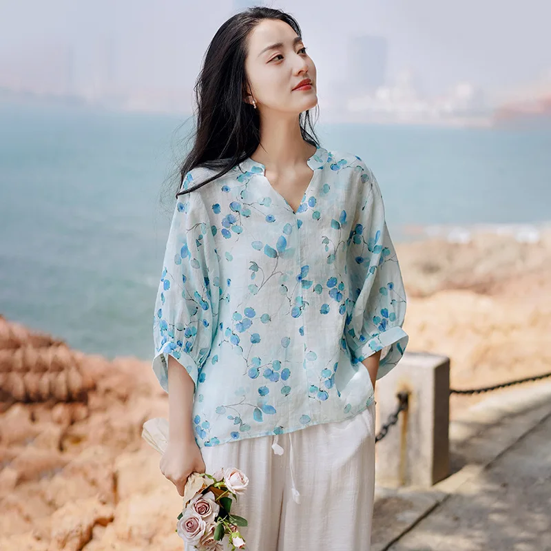 

Chinese Style Cotton Linen Women's Thin Tops Loose Lantern Sleeve Ramie Sunscreen t-shirt Vintage Chinese Style Flower