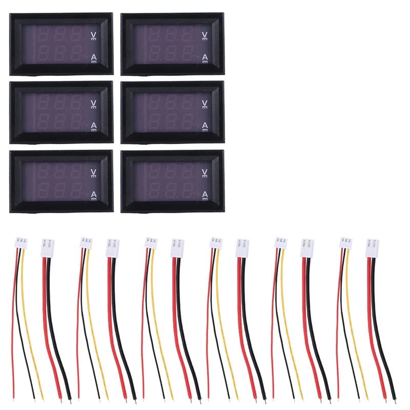 6Pcs Digital Voltmeter Ammeter DC 100V 10A Blue Red LED Current Voltage Meter Tester Dual Display Panel For Automobile