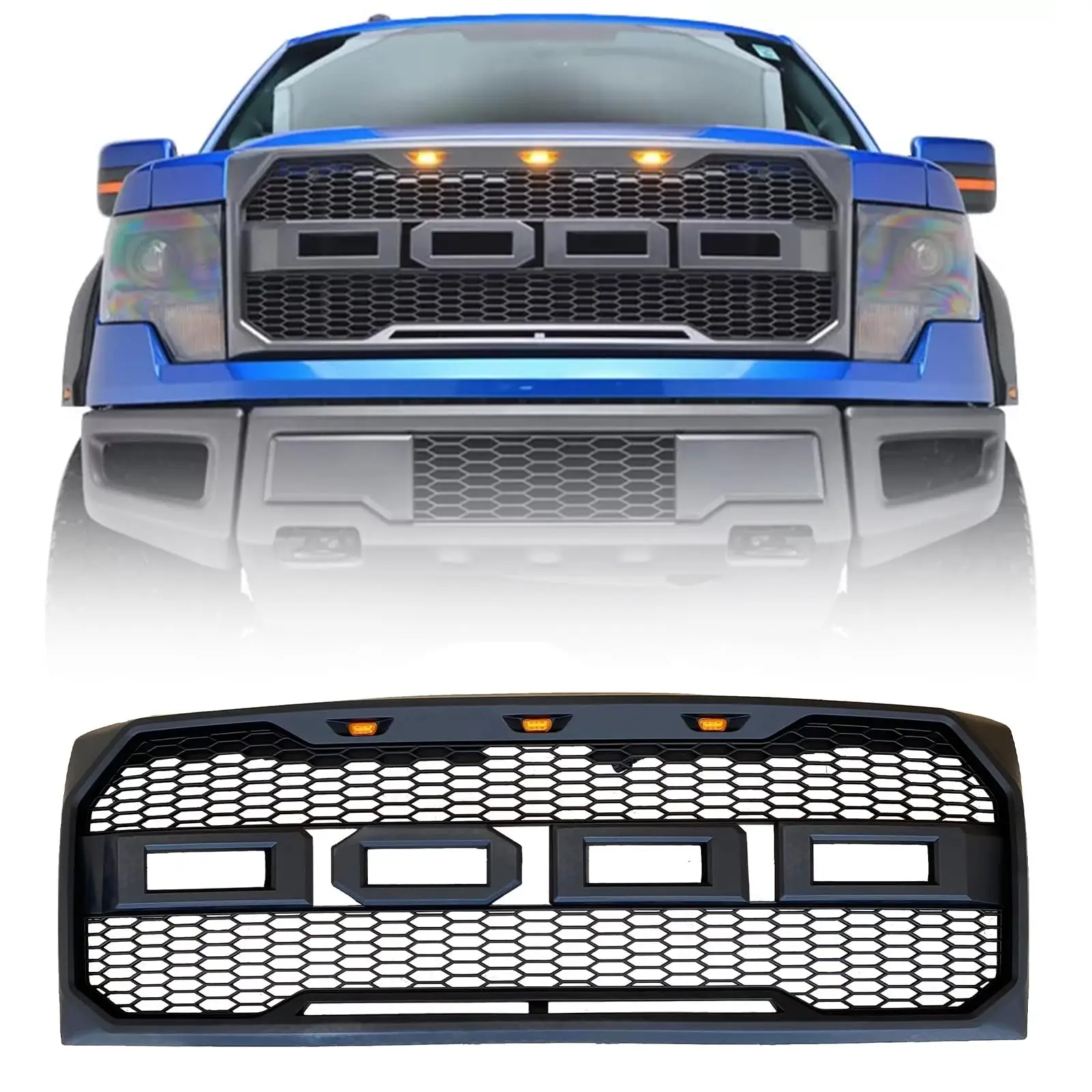 Front Grille Compatible with 2009-2014 F-150 Pickup Front Grille Replacement Mesh Grill ABS Front Grille w/Lights and Letters