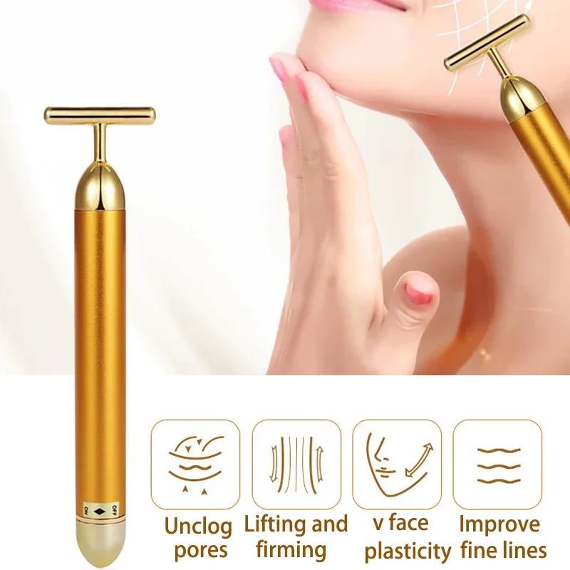 24K Gold Roller Vibrating Facial Massager Slimming Facial Skin Beauty Bar Pulse Firming Face Massage Lift Tightening Wrinkle Bar