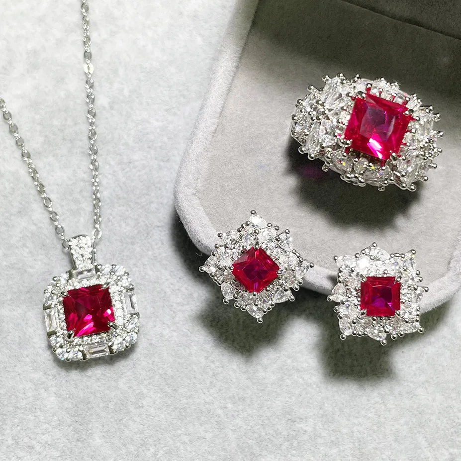 4pcs/set Lab Ruby 925 Silver Color Jewelry Set Women Princess Cut Cubic Zirconia Wedding Engagement Bridal Ring Earring Necklace