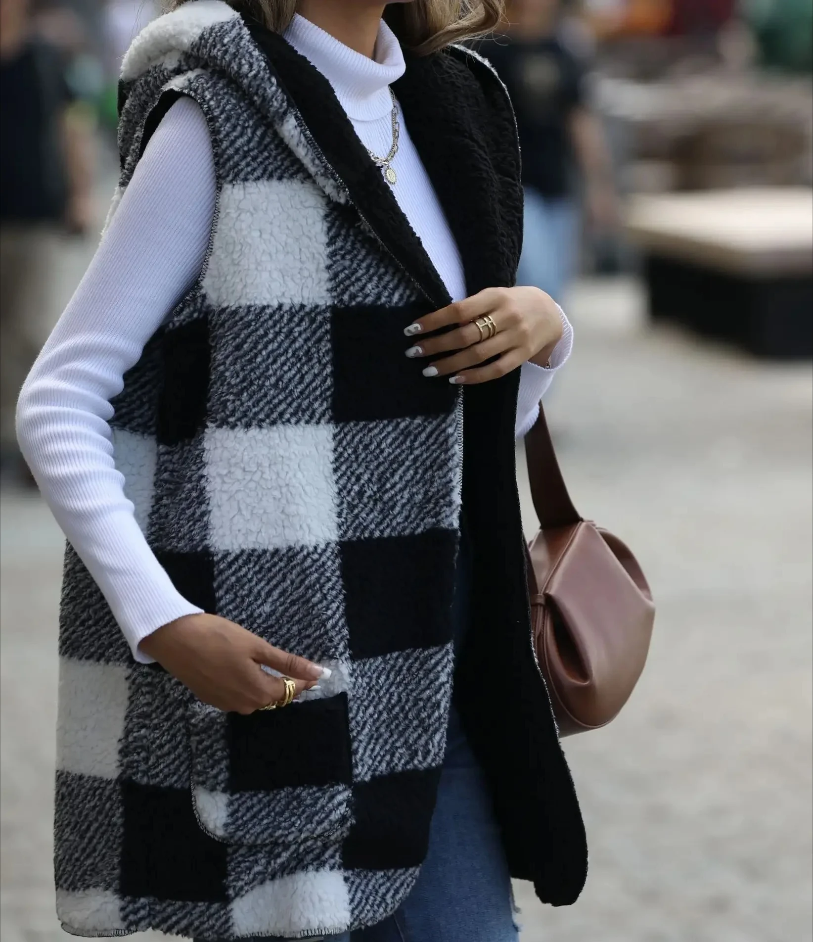 

Women's Double Sided Fleece Jacket Medium Length Hooded Plaid Coat Reversible Loose Fit Warm Winter Casual Outerwear