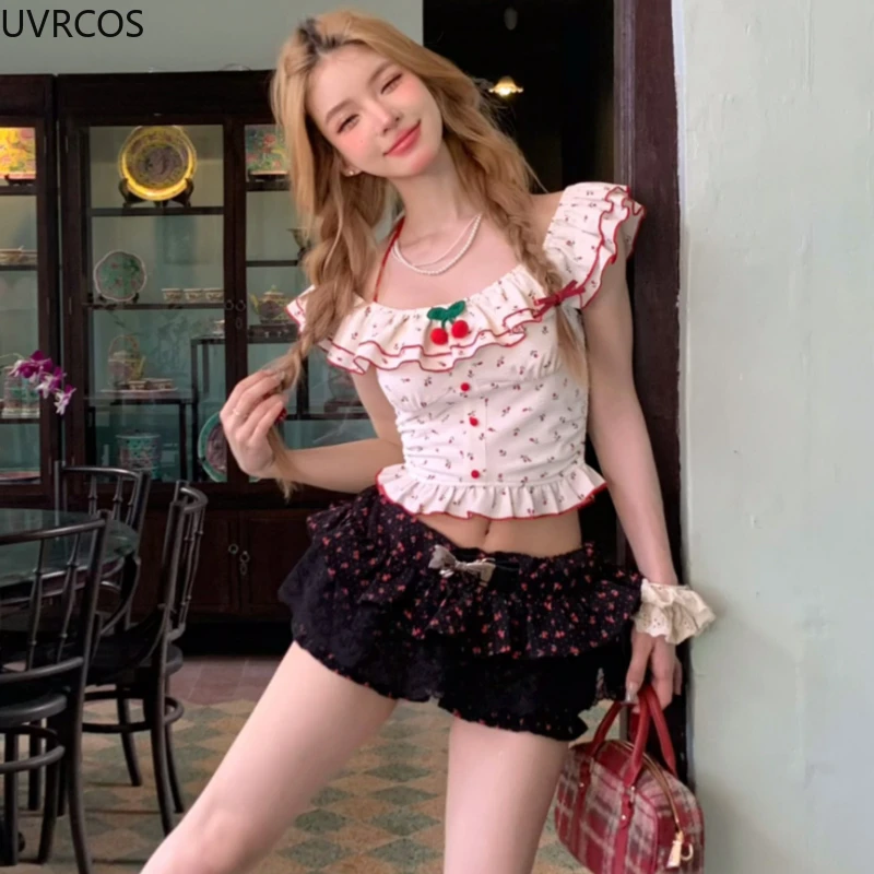 Kawaii Lolita Style Sweet 2 Piece Set Women Cute Cherry Print Crop Top Lace Ruffles Patchwork Shorts Female Korean Fashion Suit