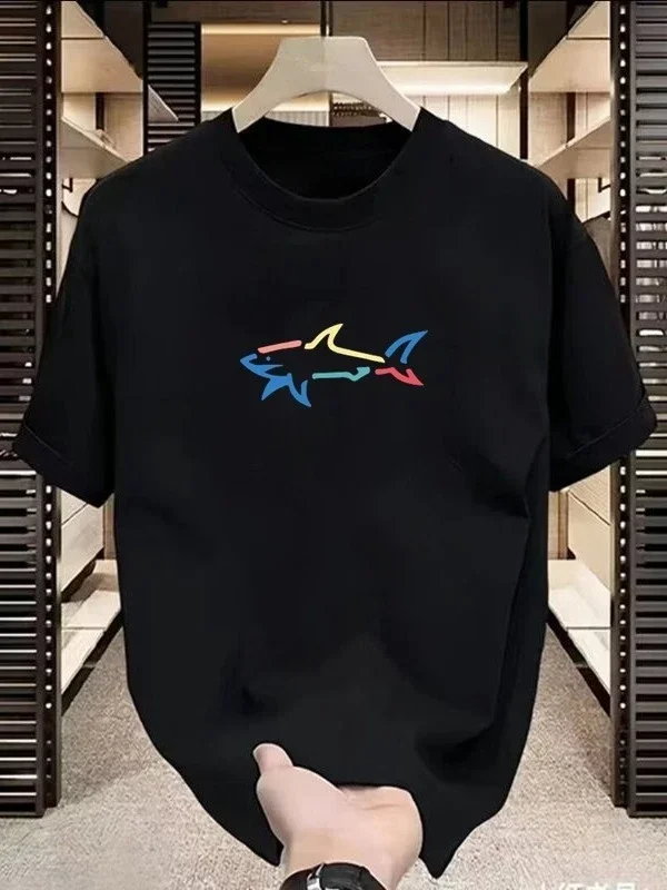 

Men's 2025 New Hot Summer Classic Shark Contour Printing Pattern Cotton High Quality Fashion Casual Loose Large Size Crew Neck