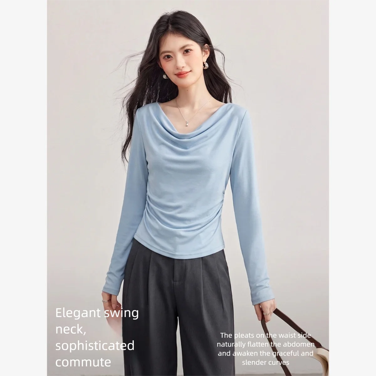 VIMLY Blue Cowl Neck Long Sleeve T-shirt Women 2026 Fall Casual Slim-fit Versatile Tees New Fashion Elegant Tops Female A7190