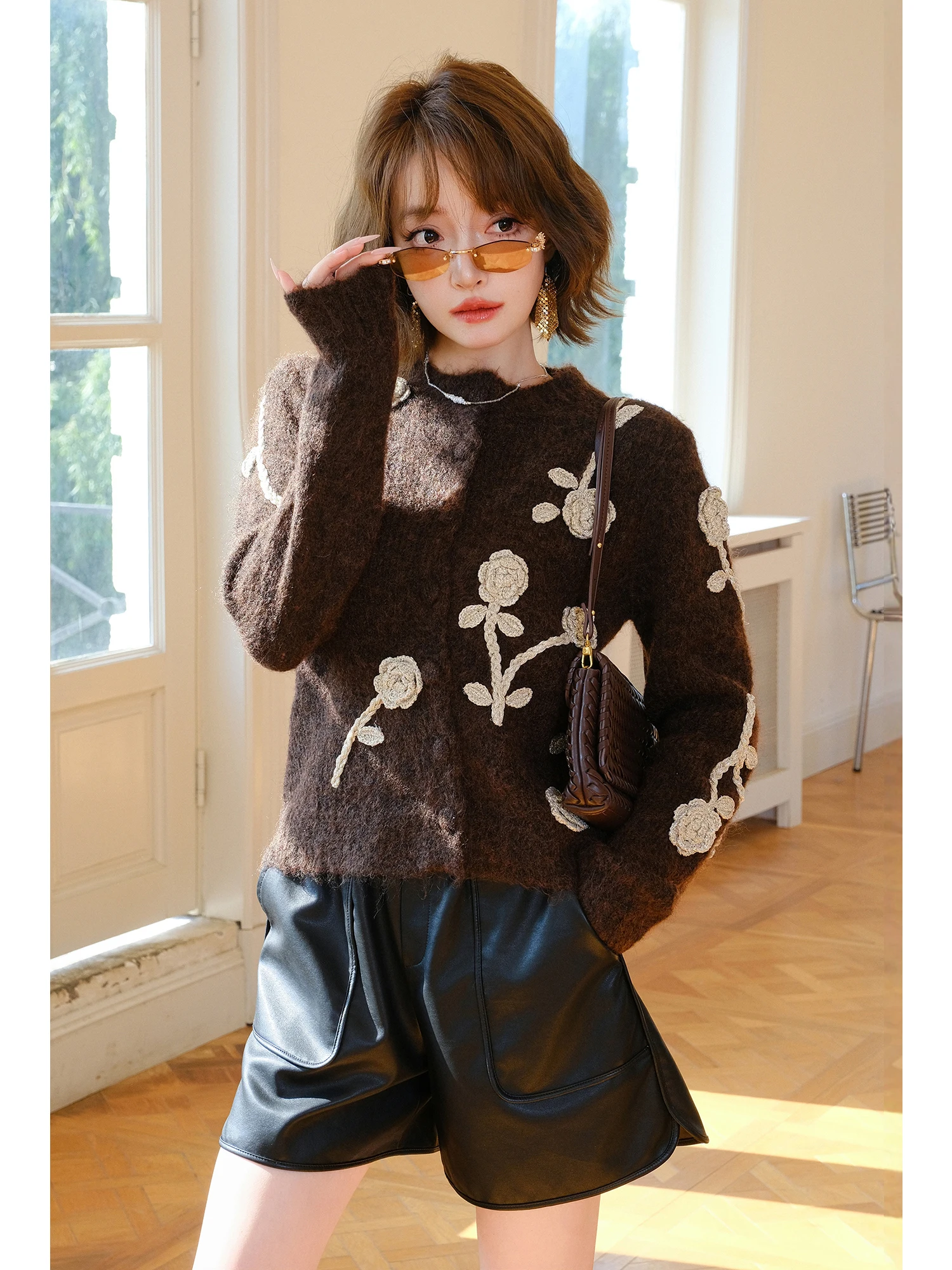 

Вязаный кардиган MIUCO Thiened, женский, свободного кроя, зимний свитер-пальто с цветочной вышивкой, в стиле «ленивый шик», модный