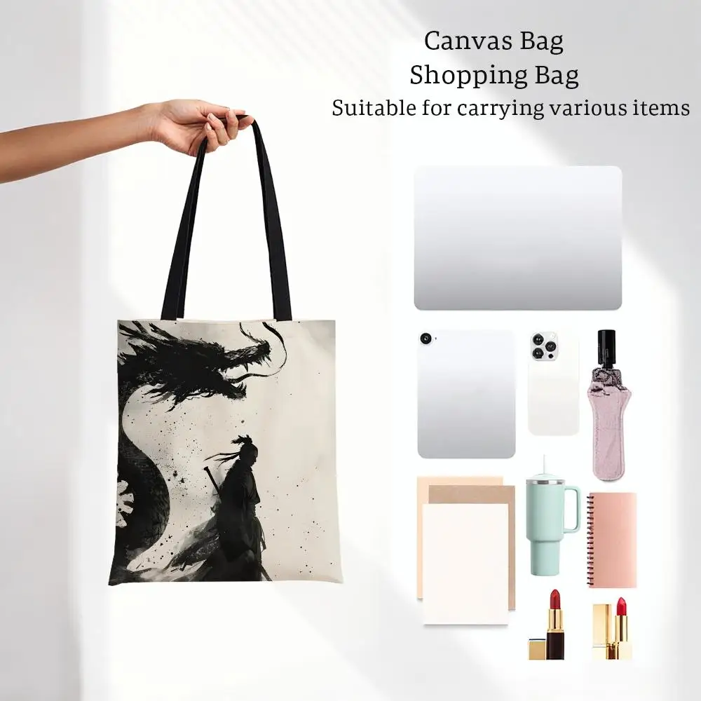 Classical Ink Style Dragon Shadow Waves Art Storage Bags Shopping Bags Series Print Bags Lightweight Shoulder Bag For Daily Use