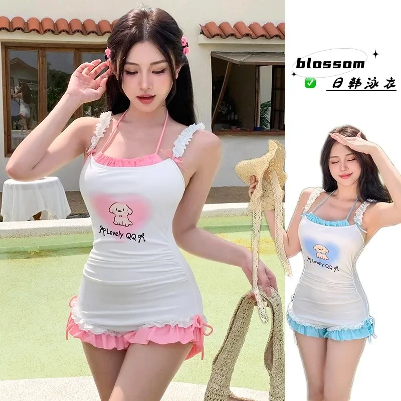 Ruffle Halter Vest ชุดว่ายน้ําบิกินี่ One Piece Monokini Push Up ใหม่ Sweet Lolita ชุดว่ายน้ําเบาะชายหาดว่ายน้ํา