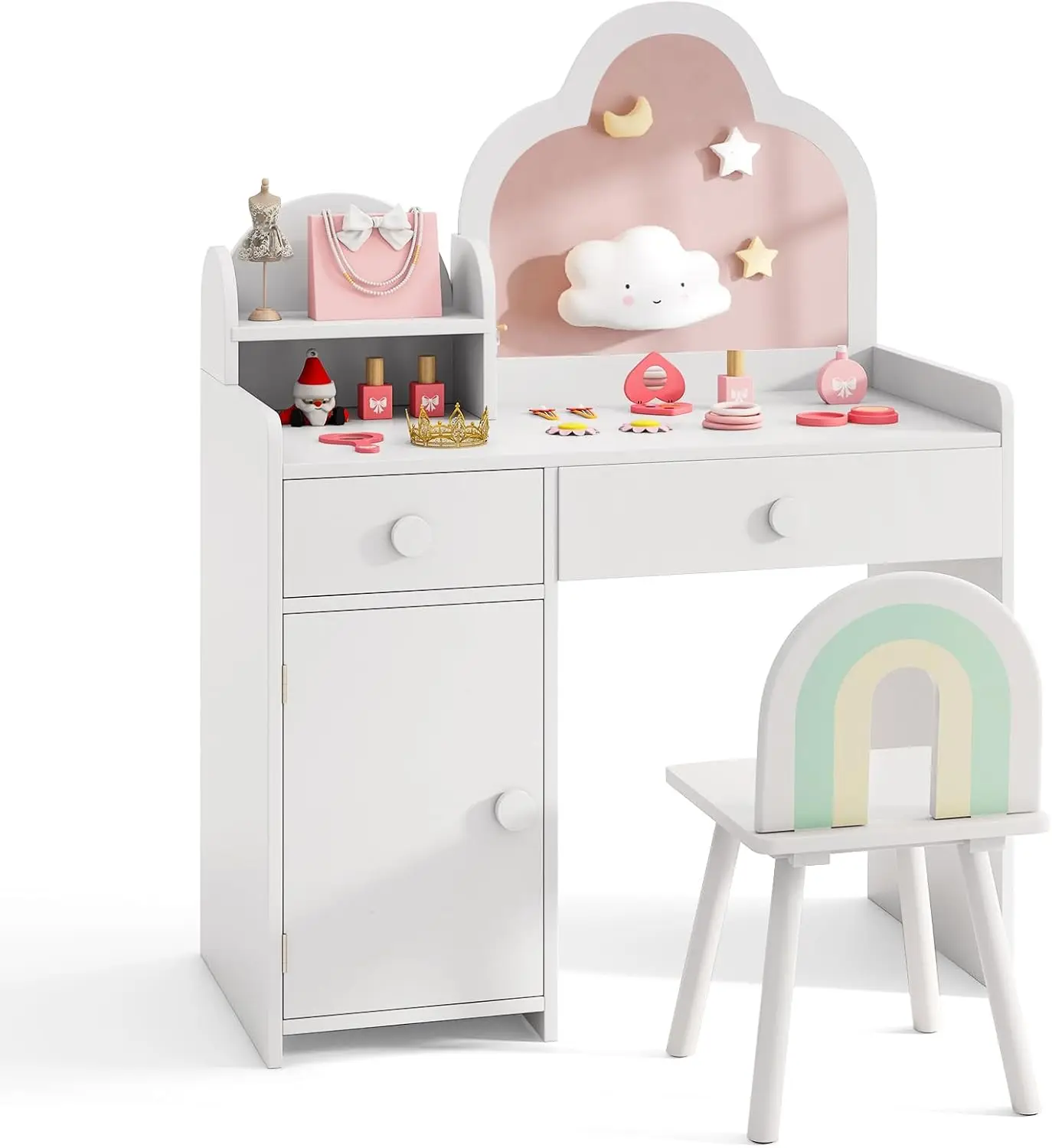 Schminktisch für Kinder in Wolkenform, 2-in-1-Schminktisch mit Hocker, Schminktisch aus Holz mit Spiegel, Schrank und 2 Schubladen