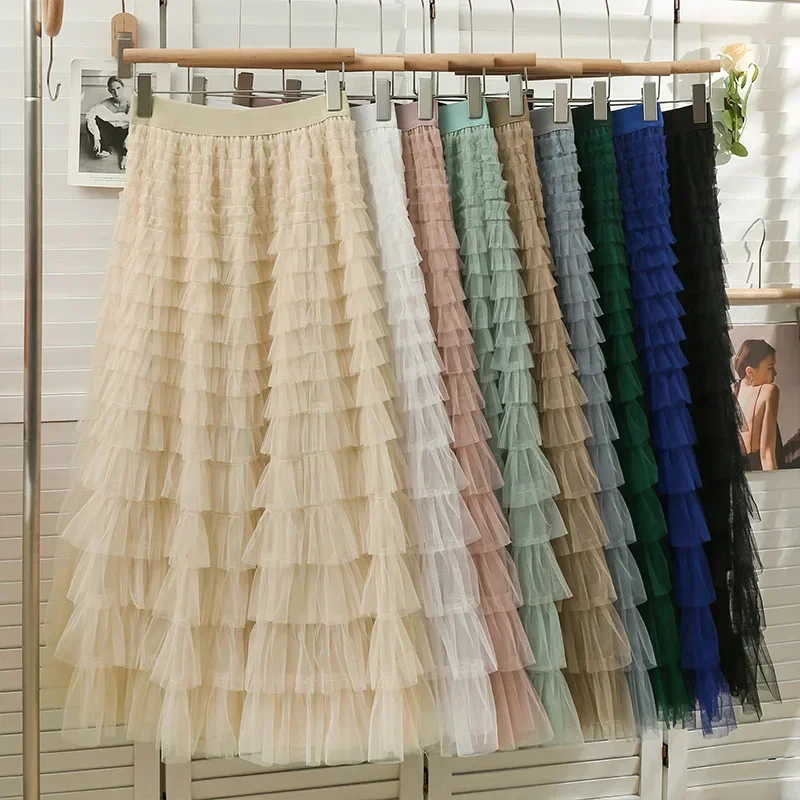 

Qooth Autumn Korean Style Mesh Puffy Cake Long Skirt Elegant Vintage Elastic Waist High Waist Ball Gown Gauze Tulle Skirt QT1989