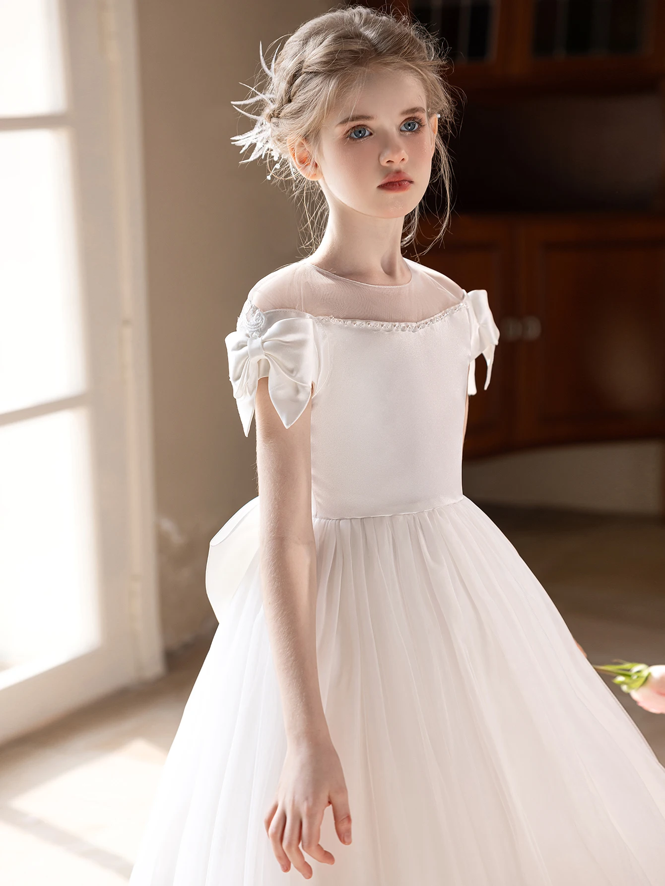 Teenage Girl White Wedding Dress Birthday Party Fluffy Gauze Dress Wedding Dress Big Bow Bridesmaid Dress view 5