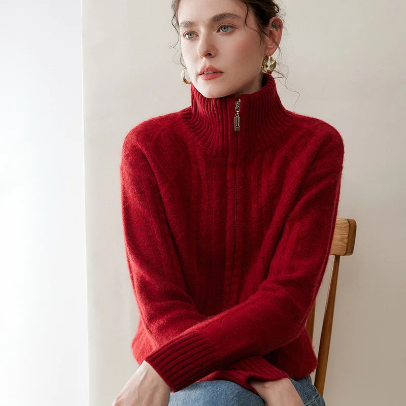 Vintage Women Cashmere Sweater Coat Twist Flower Zipper Cardigan Autumn Winter Jacquard Thicken 100% Cashmere Knitwear Clothing