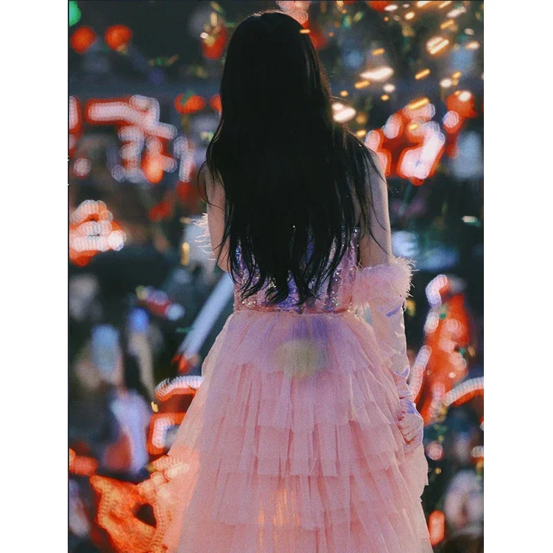 Robe à paillettes roses pour femmes, jupe en maille de gâteau de fleur, vêtements de performance sur scène, tenues Y2K, chanteuse coréenne Kpop, interdit le costume