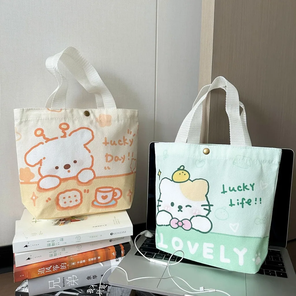 Korean Style Small Canvas Handbag Cute Bear Cat Printed Women Casual Tote Bag Portable Travel Shopping Storage Purse