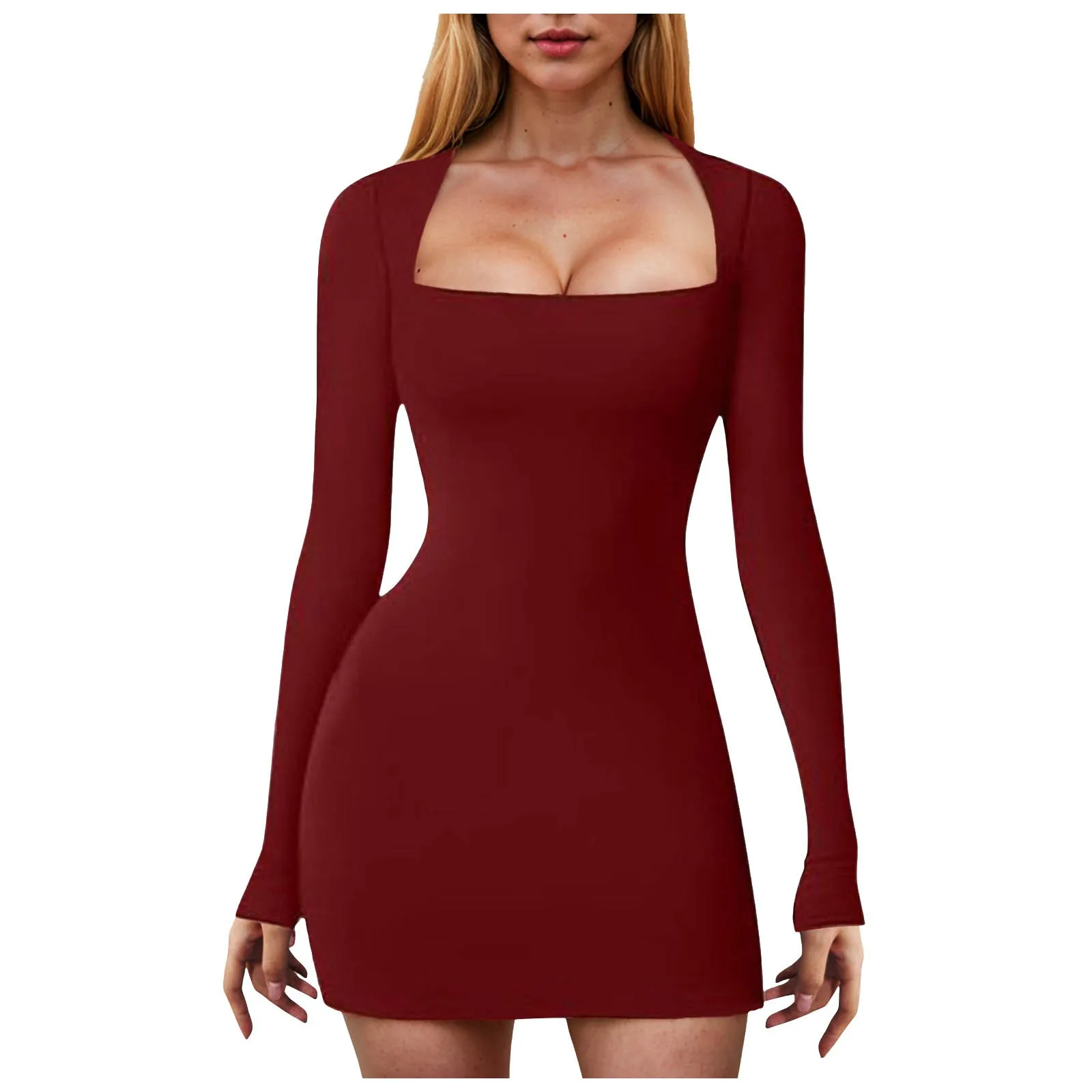 Women Sexy Bodycon Cocktail Party Dress Long Sleeve Square Neck  Tight Clubwear Solid Color Slim Short Dresses For Women 2025