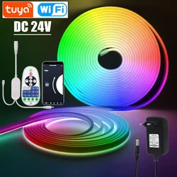 DC 24V Tuya Wifi ściemnialny neonowy pasek 1M -10M podświetlenie TV wystrój domu biały/niebieski/różowy/żółty/zielony silikonowy świetlówki LED