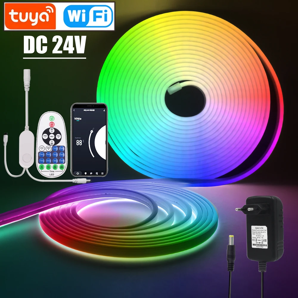 DC 24V Tuya Wifi Dimmerable Neon Strip 1M -10M TV BackLight Home Decor White/Blue/Pink/Yellow/Green Silicon Tube LED Light