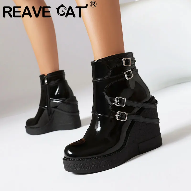 REAVE CAT Fashion Women Ankle Boots Round Toe Wedges 10.5cm Belt Buckles Size 41 42 43 Daily Female Booties