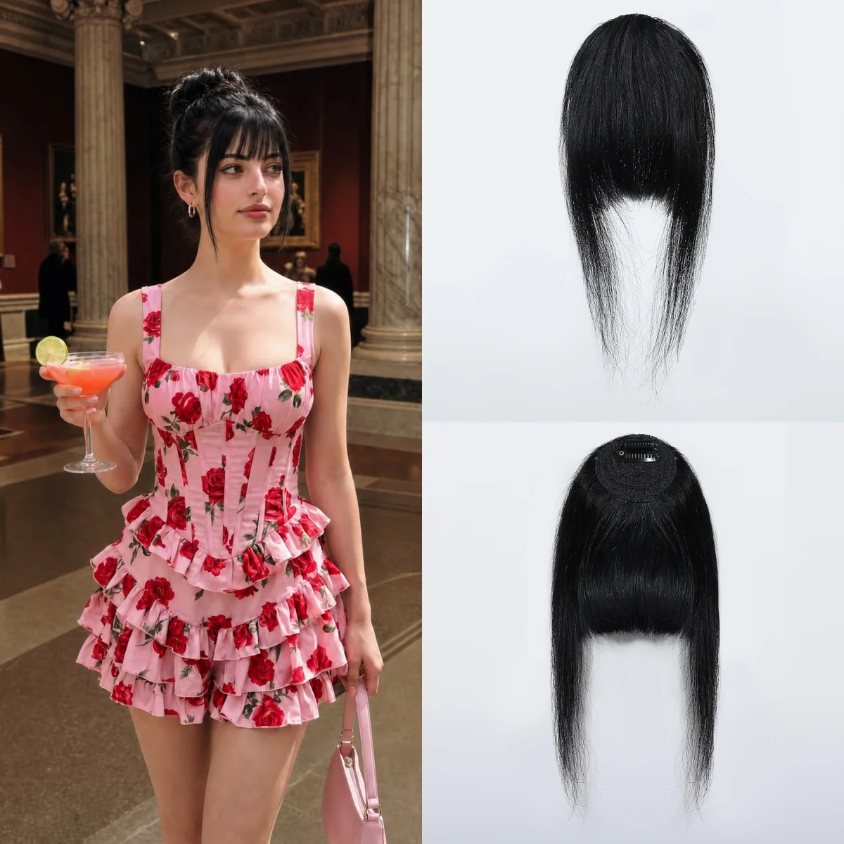 100% Human Hair French Wispy Clip In Bangs Natural Black Straight Fringe with Side Temples Lightweight Single Clip Hairpiece