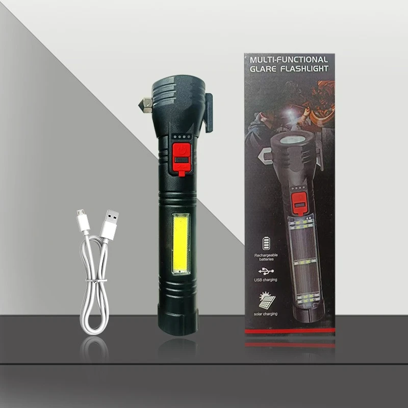 Multi-functional Car Flashlight LED Solar Outdoor Emergency Light COB High Brightness Window-Breaking Safety Hammer