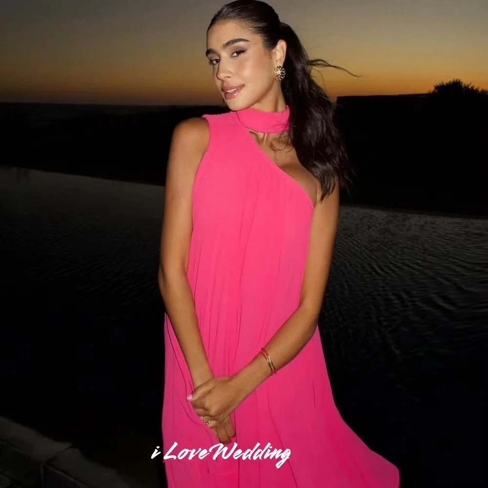 

Rose Red Halter Evening Dress 2025 One Shoulder Sleeveless A-Line Pleated Floor-Length Prom Dresses Wedding Party Dress Customiz