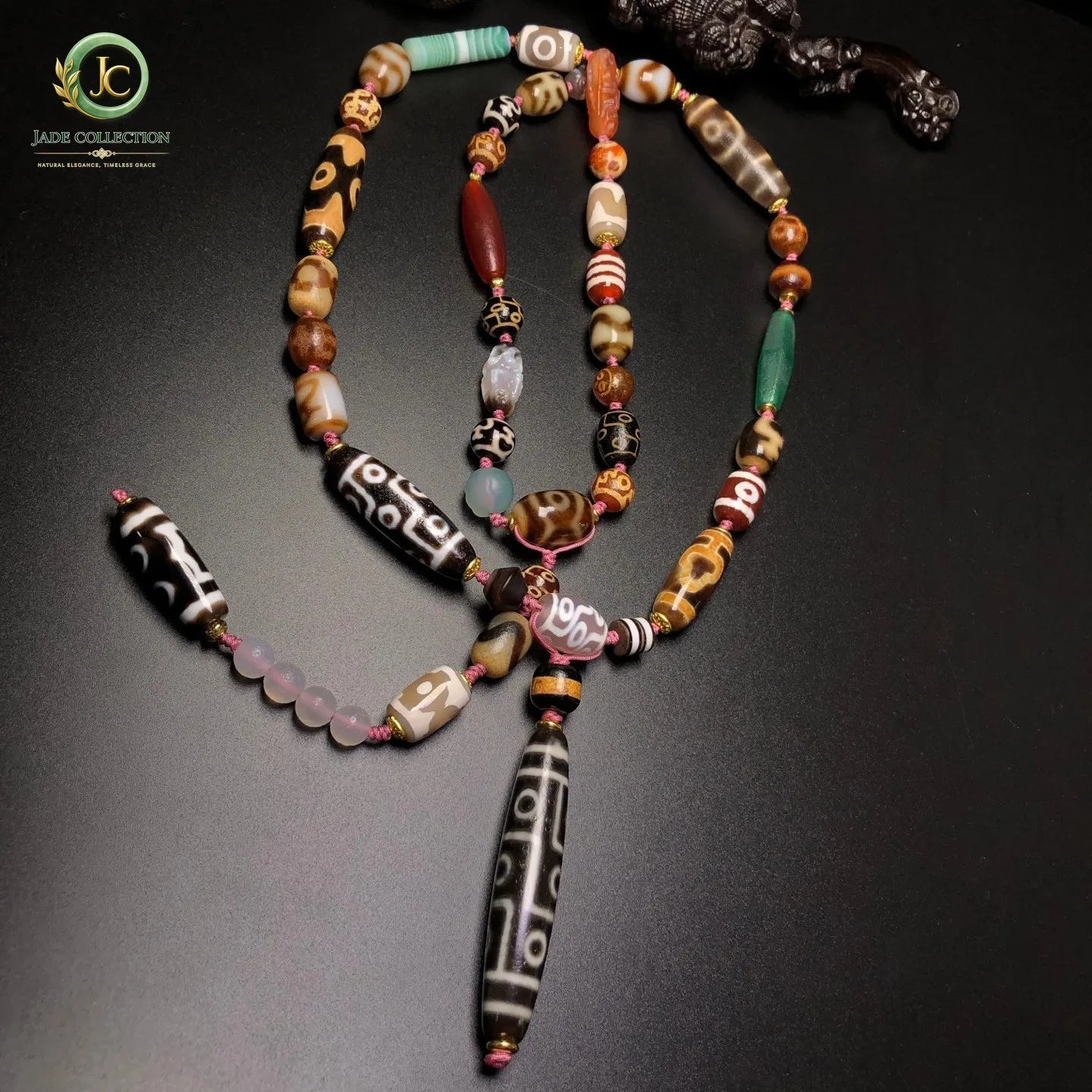 Rare Tibetan Buddhism Agate 9 Eyes Totem Dzi Bead Amulet Necklace Pendant G1264