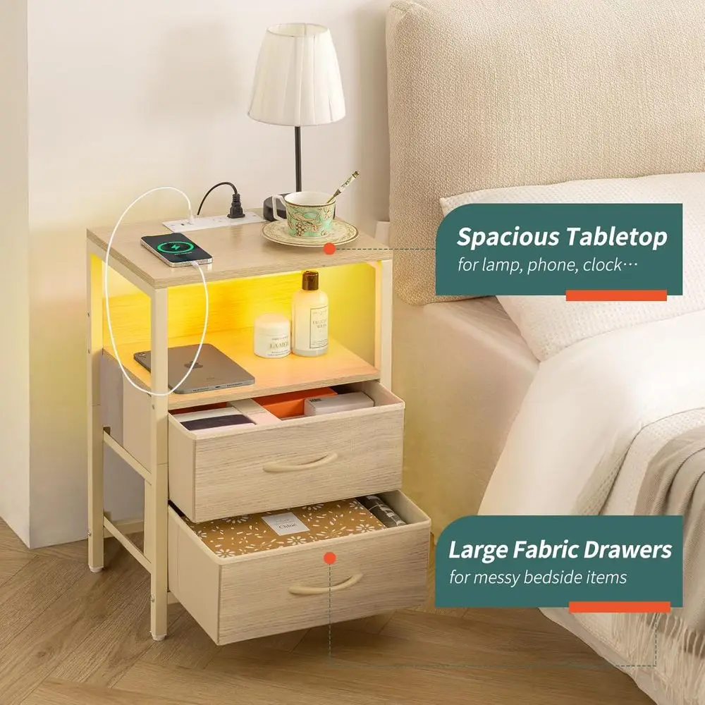 Mesita de noche con estación de carga, cajones de tela con iluminación LED, estante de almacenamiento y puertos USB/salida