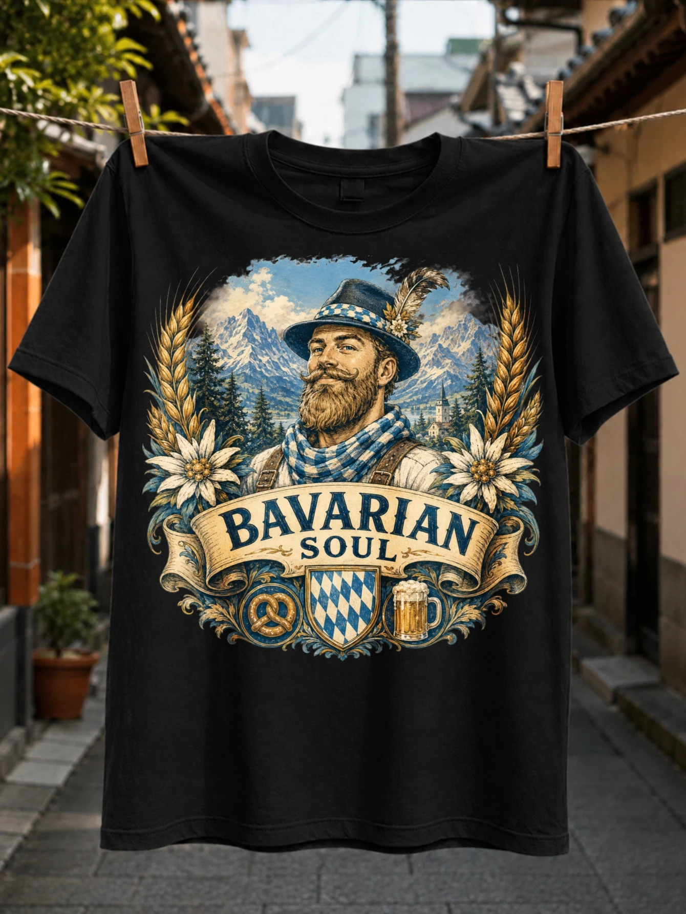 illustrated BAVARIAN SOUL man in traditional with Alps edelweiss wheat pretzel and beer Unisex All  Unisex All T-Shirt