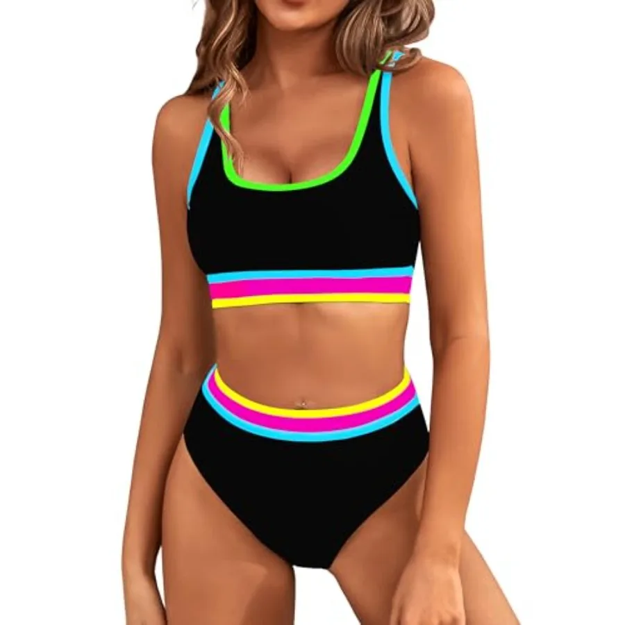 

BMJL Women's High Waisted Bikini Sets Sporty Two Pcs Swimsuits Color Block Tummy Control Modest Bathing Suit