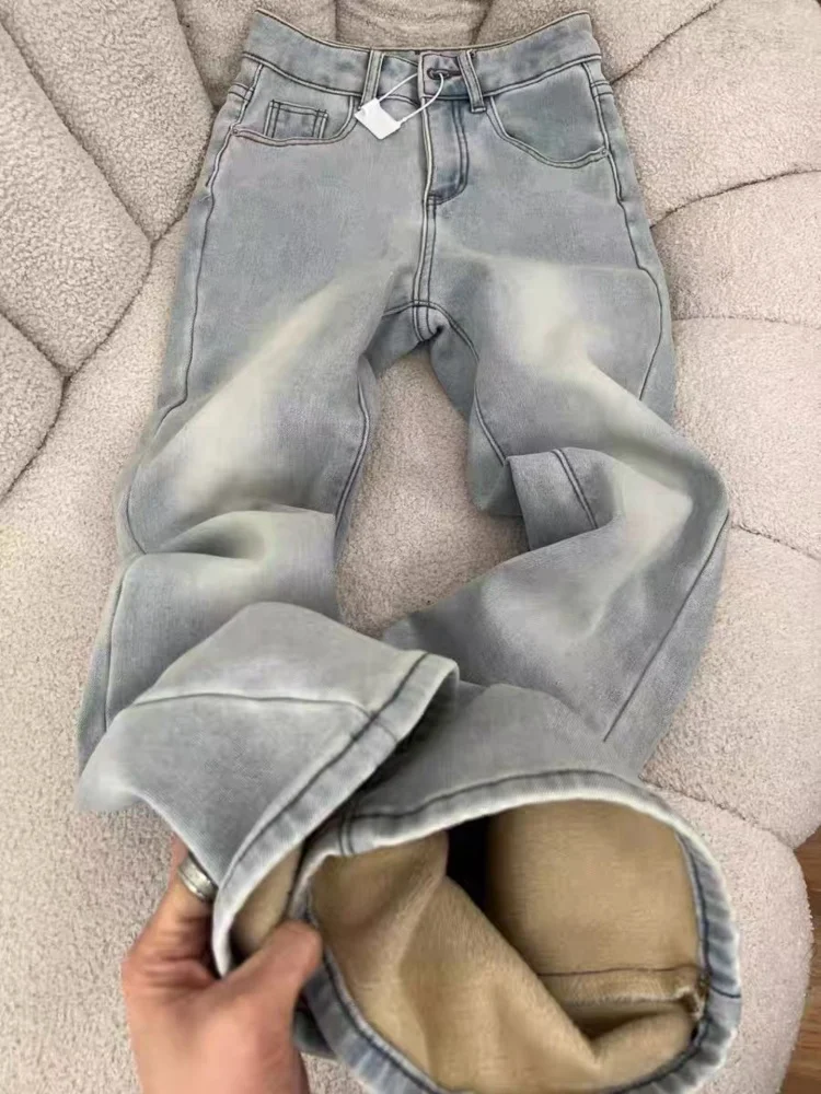 

plus Size Women's High Waist Fleece Lined Thickened Skinny Jeans Bell Bottoms American Style Casual Wear Resistant Denim