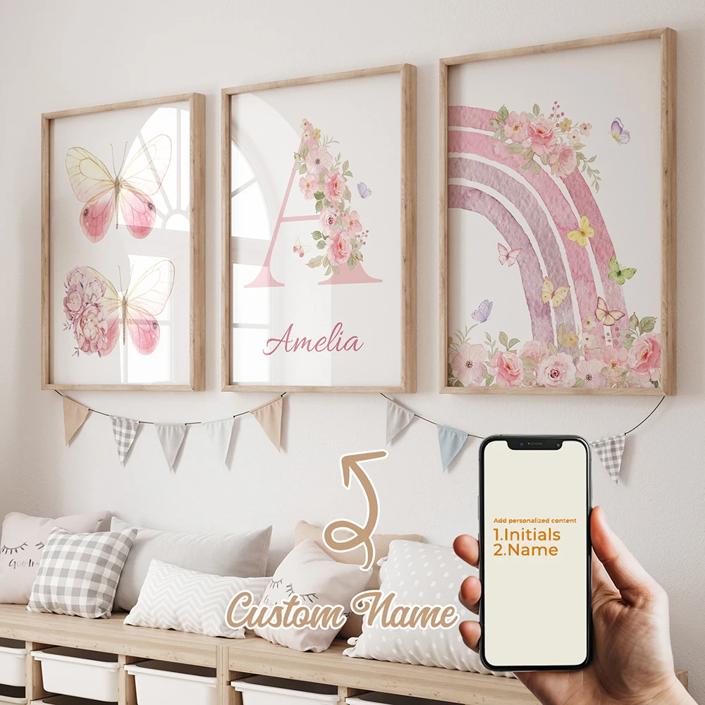 3pcs Personalized Custom Name Cartoon Child  Butterfly Wall Art Print Picture Canvas Poster Painting For Living Room Home Decor