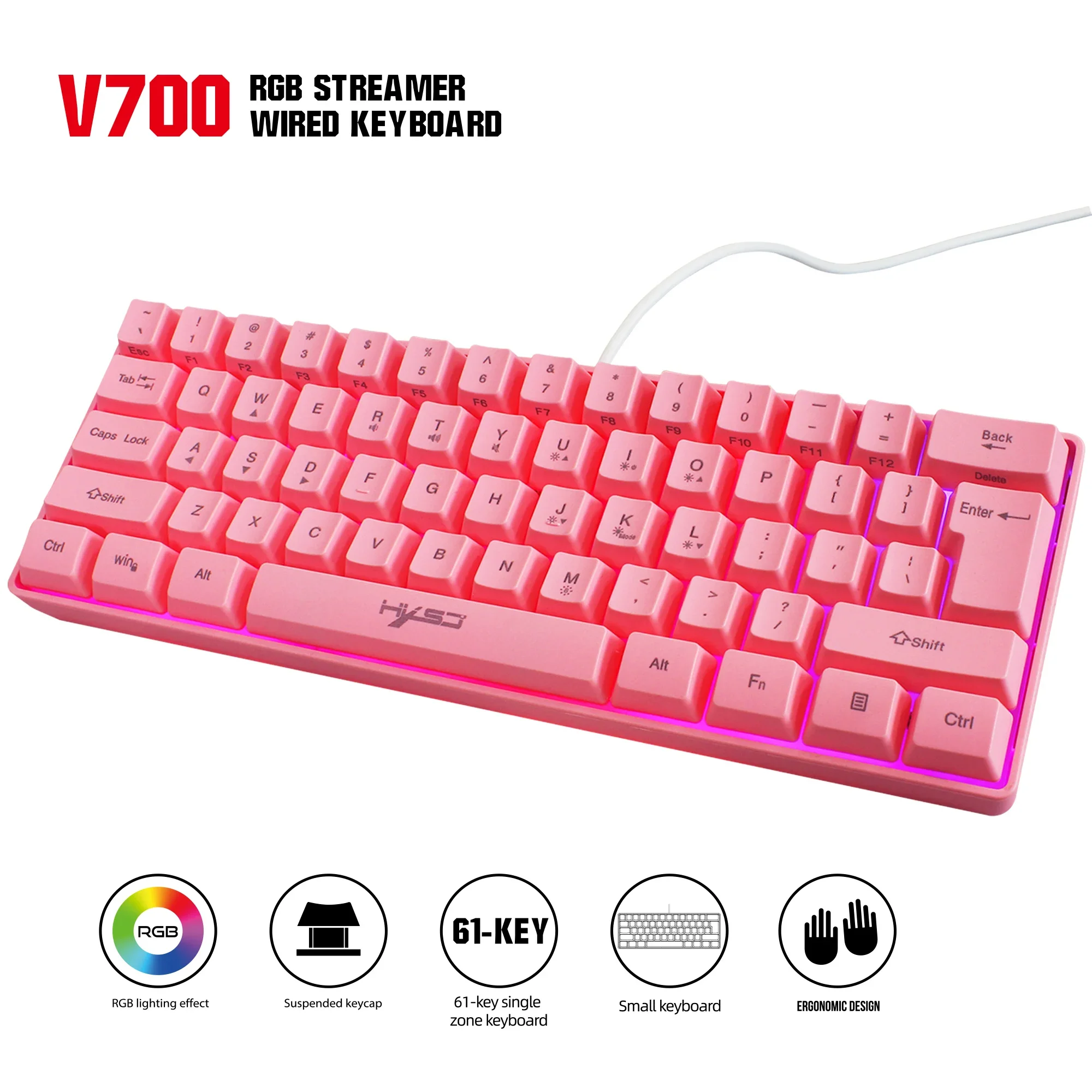 HXSJ V700 61 Keys Gaming RGB Keyboard for Gamers USB Back light Key caps With Multiple Shortcut Key Combinations pink keyboard