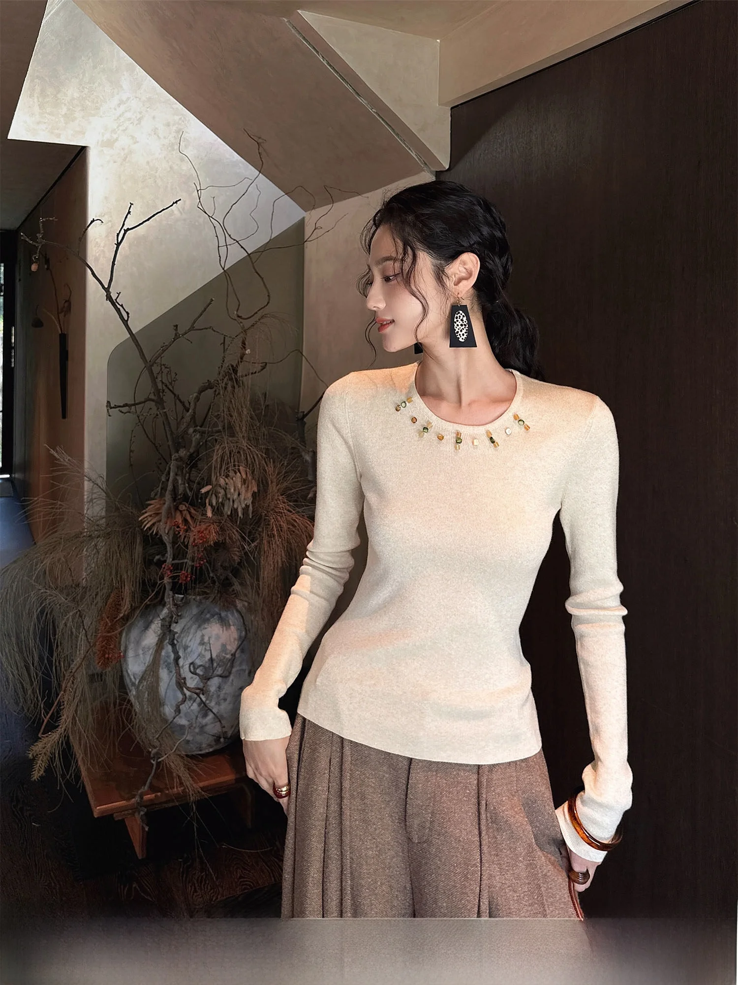 

Sanji Bla Flower Woolen Knitted Top Women's Inner Wear Gold Weave Loose Fit Long Sve Casual Sle Comfortable Midweight