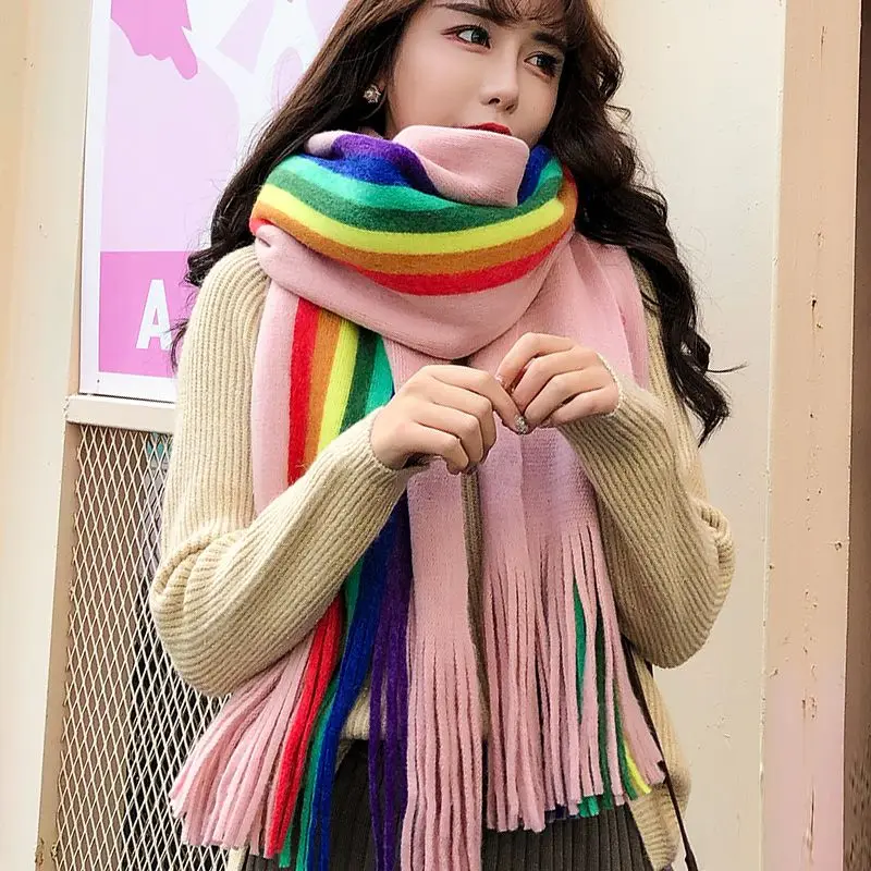 

Rainbow Scarf Korean Style Women's Winter Fashionable All-Match Female Student Thickened Warm Shawl