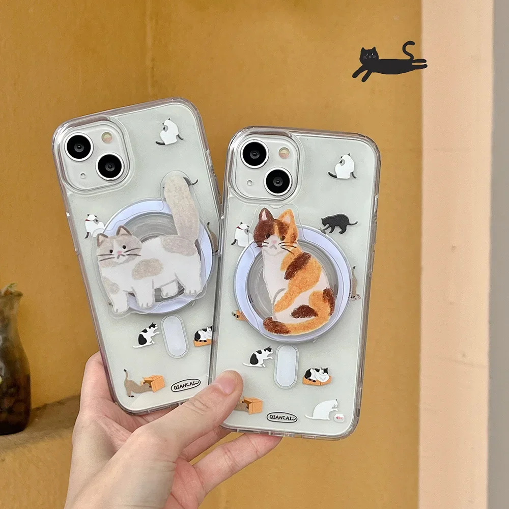 Hot Cute Ins Hand Drawn Cat for Magsafe Magnetic Phone Case for IPhone 16 15 14 13 12 11 Pro Max Plus Anti-fall Clear Back Cover