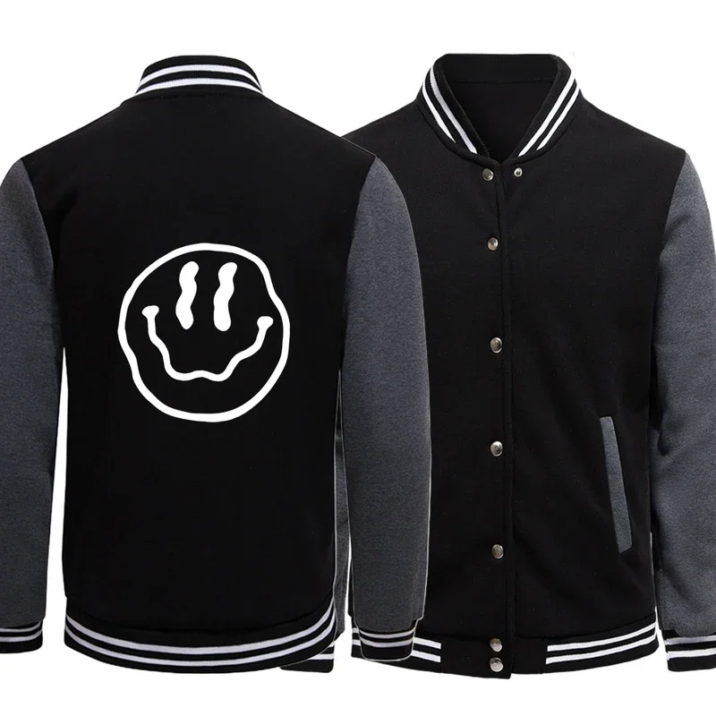 A Twisted Happy Face Printed Coats Fashion Male Baseball Suit Single Breasted Comfortable Jacket Crewneck Pocket Neutral Tops