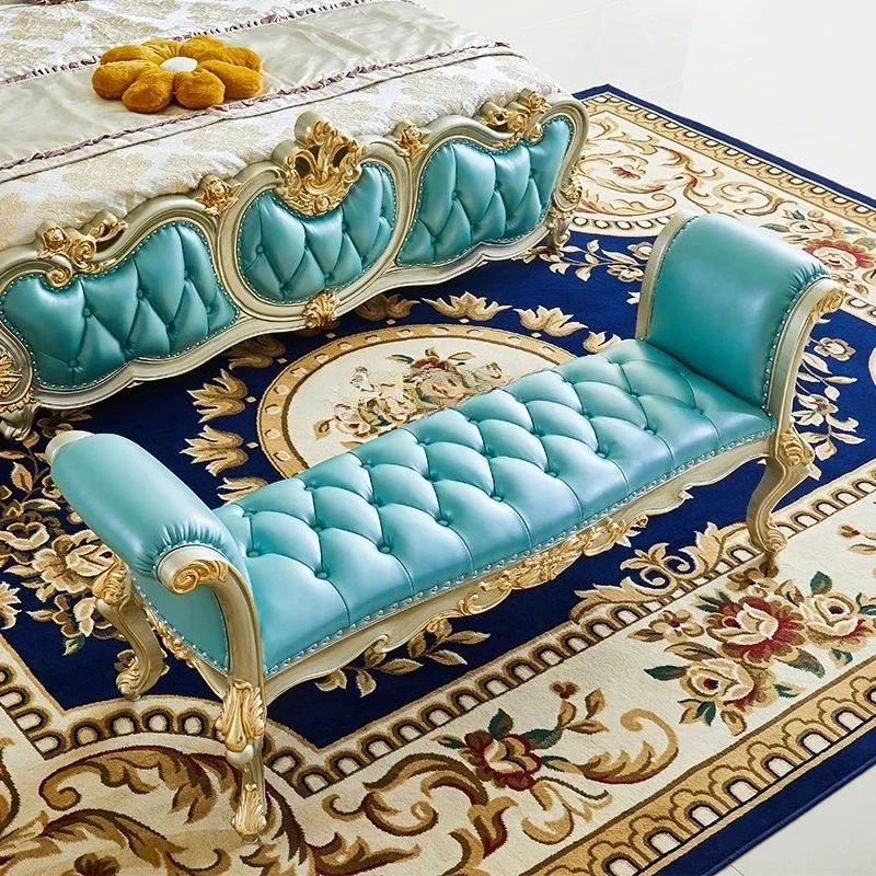 

A44 European style bedside stool bedroom full solid wood carving flower bench leisure pastoral style bedside thickened leather s