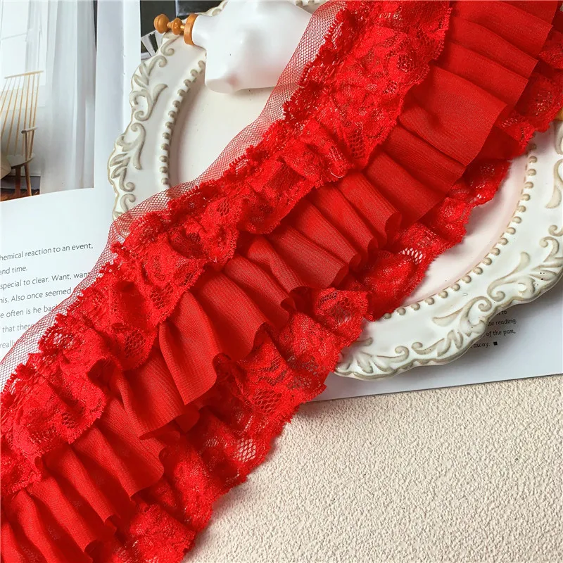 10CM Wide Three Layers Red Pleated Chiffon Lace Fabric Embroidery Fringed Ribbon Ruffle Trim Dress Clothing DIY Sewing Decor