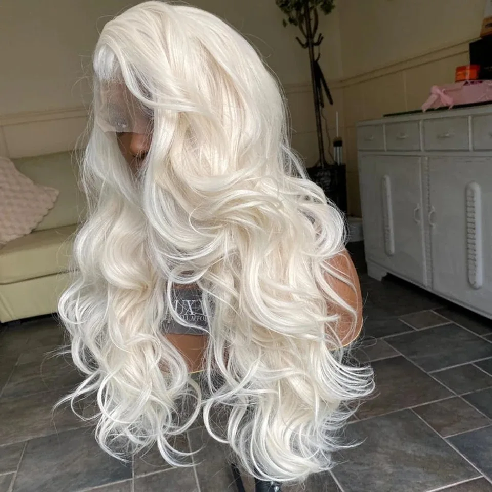 White Natural Body Wavy Lace Front Wig 13x4 HD Heat Fiber Pre Plucked Synthetic And Blend For Women Daily Wear Clearance Cosplay