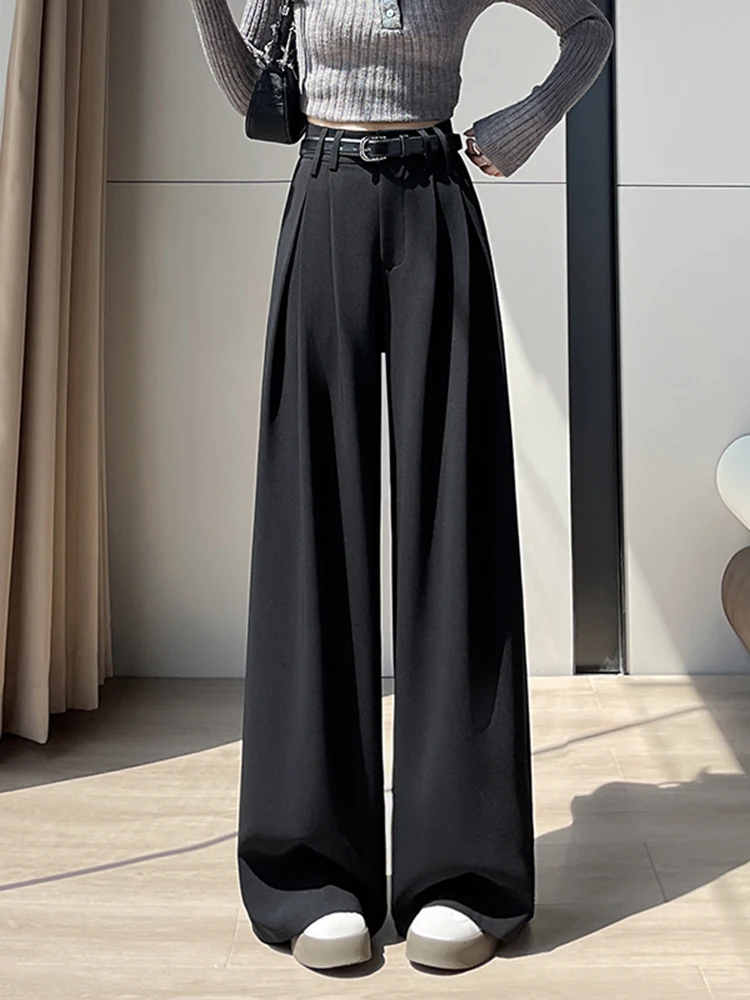 하이웨이스트 와이드 레그 수트 팬츠 여성용 커피색 드레이프 슬림 캐주얼 바지 가을 겨울 신상 비대칭