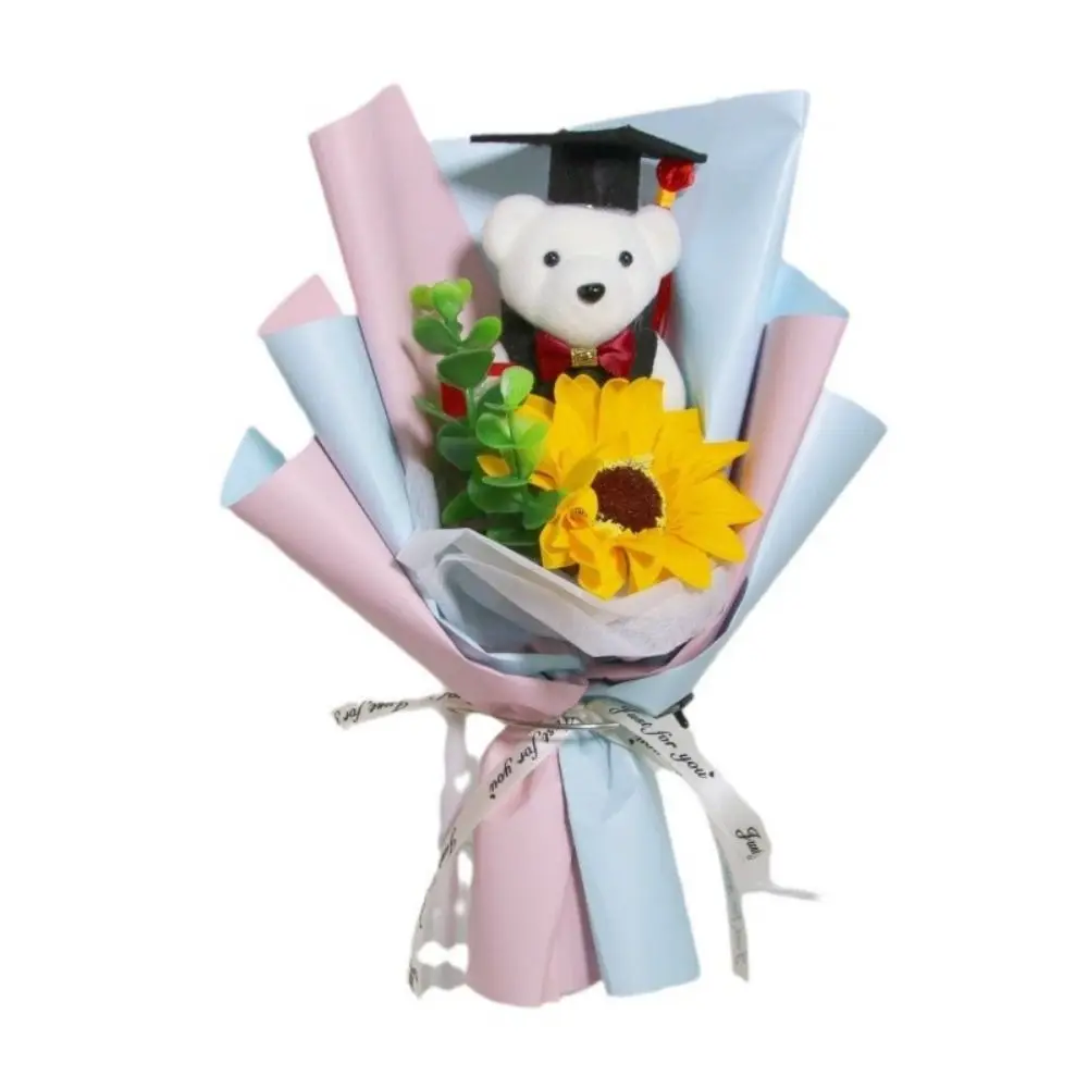 Woven Graduation Bear Sunflower Bouquet Bouquet Decoration Bear Doctoral Bear Bouquet Elegant Cartoon Crochet Flowers Bouquet